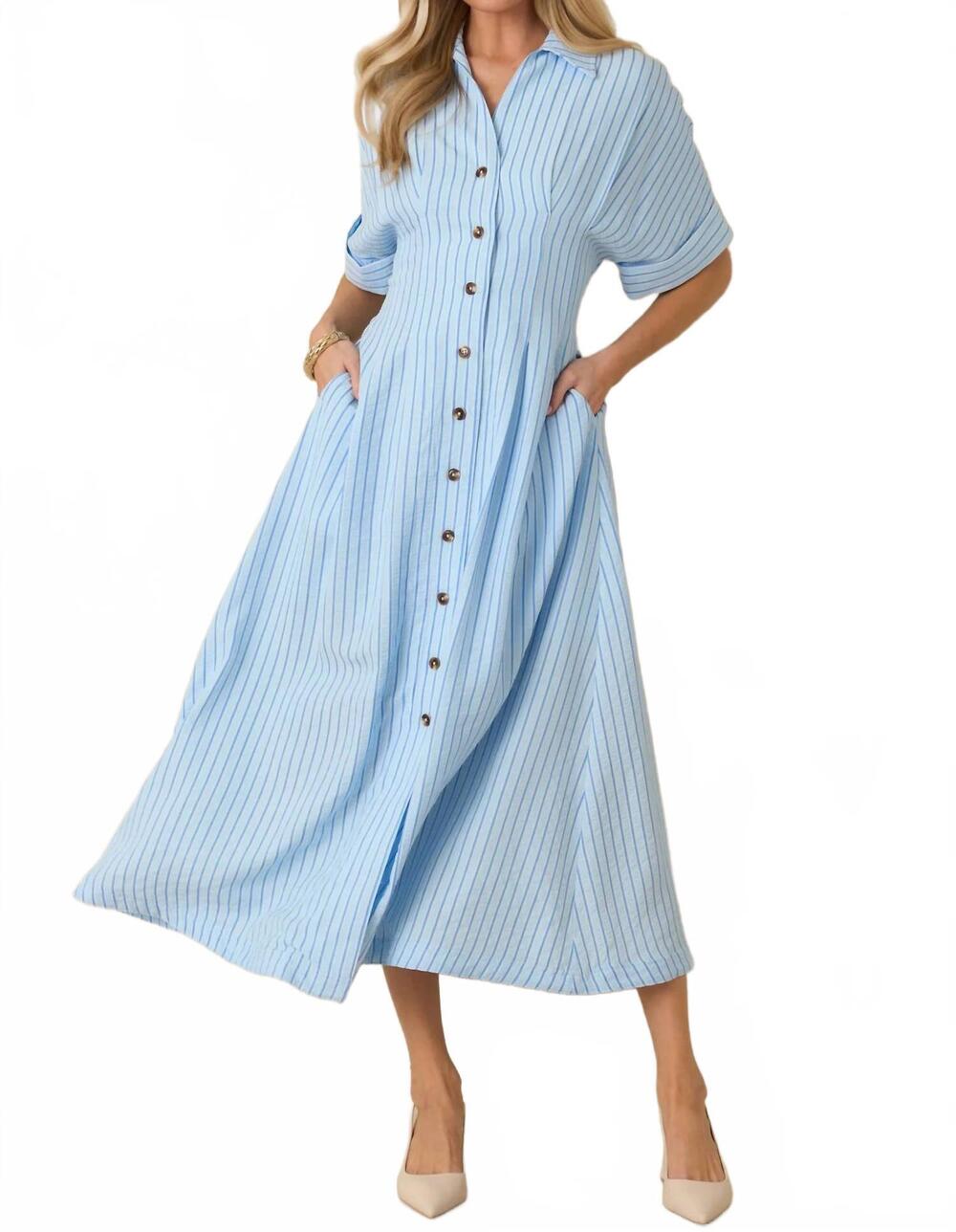 NEW THML giselle striped button down dress in light blue